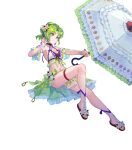 1girl alluring alternate_costume bare_shoulders bikini bracelet cleavage feet female_focus fire_emblem fire_emblem:_the_sacred_stones fire_emblem_heroes flower frills full_body fuzichoco gradient_clothes green_eyes green_hair hair_ornament high_res holding holding_umbrella intelligent_systems jewelry l'arachel_(fire_emblem) l'arachel_(summer)_(fire_emblem) legs long_hair matching_hair/eyes medium_breasts navel nintendo non-web_source official_alternate_costume official_art sandals scrunchie see-through_clothes stomach swimsuit thigh_strap thighs toenails toes transparent_background umbrella wrist_scrunchie