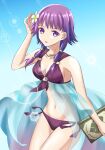 1girl 1girl alluring bikini book cleavage female_focus fire_emblem fire_emblem:_the_sacred_stones fire_emblem_heroes flower hair_flower hair_ornament high_res holding holding_book intelligent_systems kakiko210 long_hair lute_(fire_emblem) lute_(summer)_(fire_emblem) nintendo parted_lips purple_bikini purple_eyes purple_hair swimsuit