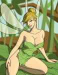 1girl arm_support arms_at_sides bare_arms bare_legs bare_shoulders big_breasts blonde_female blonde_hair blurry blurry_background breasts cleavage collarbone day disney disney_fairies dress fairy fairy_wings female_only female_solo green_dress green_eyes grin hair_bun half-closed_eyes head_tilt kneel leaf leaf_clothing leaves legs lips lipstick looking_at_viewer makeup membranous_wings naughty_face neck outside parted_lips peter_pan peter_pan_(1953_film) peter_pan_(disney) pink_lipstick pointy_ears shadow short_dress short_hair smile strapless strapless_dress taynorhook thighs tied_hair tinker_bell tinker_bell_(series) wings