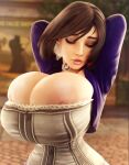 1girl 3d areola areola_slip arms_up big_breasts big_breasts big_breasts bioshock bioshock_infinite bolero breasts brown_hair bursting_breasts choker closed_eyes corset elizabeth_comstock female_focus female_only hourglass_figure overflowing_breasts pose posing sekaithereturn short_hair tagme wide_hips