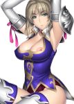 absurd_res alluring armpits arms_up big_breasts blonde_hair breasts cassandra_alexandra cleavage gloves green_eyes high_res kansuke looking_at_viewer nipple_slip nipples simple_background sitting solo soul_calibur stockings sweat white_background