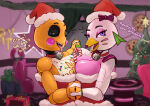 1girl 2025 absurd_res animatronic anthro avian beak bell bell_collar big_ass big_breasts bird bodily_fluids breasts candy candy_cane chicken choker christmas christmas_clothing christmas_decorations christmas_headwear christmas_lights christmas_tree clothing collar dessert dialogue digital_media_(artwork) duckerzzart duo english_text female/female fingers five_nights_at_freddy's five_nights_at_freddy's:_security_breach five_nights_at_freddy's_2 food galliform gesture glamrock_chica hand_holding hat headgear headwear high_res holidays jewelry looking_at_viewer machine necklace phasianid pinup plant pose robot saliva santa_hat scottgames steel_wool_studios suggestive suggestive_gesture suggestive_pose text toy_chica_(fnaf) tree