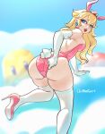 1girl alternate_costume animal_ears arm_support ass back bare_ass bare_shoulders bent_over big_ass blonde_female blonde_hair blue_earrings blue_eyes blurry blurry_background blush breasts bunny_girl bunny_tail bunnysuit chiffonfae chiffonfae_(artist) cloud crown day detached_collar earrings elbow_gloves eyebrows_visible_through_hair fake_animal_ears female_only female_solo footwear from_behind gloves gold_jewelry hair_between_eyes half-closed_eyes high_heels jewelry legwear leotard lips lipstick long_hair looking_at_viewer looking_back makeup medium_breasts nintendo on_cloud open_mouth outside pink_bunny_ears pink_detached_collar pink_footwear pink_high_heels pink_leotard pink_lipstick princess princess_peach shadow sideboob sky smile stockings strapless strapless_leotard streaked_hair super_mario_bros. tail wavy_hair white_gloves white_legwear white_thighhighs