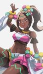 1girl :d absurd_res alluring brown_eyes brown_hair circlet crop_top dark-skinned_female dark_skin fire_emblem fire_emblem_engage high_res intelligent_systems jewelry midriff navel necklace nintendo open_mouth pearlbbbb shorts shorts_under_skirt skirt smile timerra_(fire_emblem)