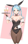 1girl 1girl 1girl alcohol alluring alternate_costume bare_shoulders blue_hair bunny_ears bunny_girl bunnysuit drink female_only fire_emblem fire_emblem_fates flora_(fire_emblem) glass grey_eyes haru_(nakajou-28) high_res intelligent_systems leotard looking_at_viewer nintendo pantyhose pink_background plate playboy_bunny short_hair silf small_breasts smile twin_tails waitress