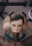 1boy 1girl 1girls 3d ai_generated asian asian_female ass big_ass big_breasts big_penis black_hair blue_bra blue_thong blue_underwear breasts brown_eyes chun-li dark-skinned_male earrings eyelashes eyeshadow fellatio fellatio female_focus hair_bun half_naked hand_on_head huge_breasts huge_cock interracial light-skinned_female light_skin looking_at_viewer makeup male male_pov nightclub nude_male on_knees oral oral_penetration oral_sex penis penis pov sodaglow_artist street_fighter underwear voluptuous voluptuous_female