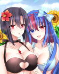 2_girls :d alear_(female)_(fire_emblem) alear_(fire_emblem) alluring big_breasts bikini black_bikini black_hair blue_bow blue_eyes blue_hair blue_sky bow cleavage cleavage_cutout clothing_cutout cloud collarbone commentary_request day fire_emblem fire_emblem_engage flower hair_bow hair_flower hair_ornament heart_cutout heterochromia high_res intelligent_systems multicolored_hair multiple_girls nel_(fire_emblem) nintendo open_mouth red_eyes red_flower red_hair short_hair sky smile streaked_hair swimsuit upper_body