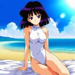 1girl adult_swim alluring beach bikini bishoujo_senshi_sailor_moon bishoujo_senshi_sailor_moon_s bishoujo_senshi_sailor_moon_supers black_hair blue_eyes hotaru_tomoe medium_breasts ocean one-piece_bikini posing purple_eyes toei_animation toonami viz_media white_one-piece_bikini wolf_(artist)