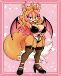 1girl big_ass big_breasts canine cute fluffy_tail fox horns lingerie long_ears long_hair milly_miles_prower orange_hair pink_hair platform_shoes posing seductive seductive_smile sexy succubus tail the_knight_(artist) thick_legs wings