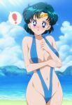 1girl 1girl adult_swim alluring ami_mizuno bare_legs beach big_breasts bikini bishoujo_senshi_sailor_moon bishoujo_senshi_sailor_moon_r bishoujo_senshi_sailor_moon_r_the_movie bishoujo_senshi_sailor_moon_s bishoujo_senshi_sailor_moon_s_the_movie bishoujo_senshi_sailor_moon_supers bishoujo_senshi_sailor_moon_supers_the_movie blue_eyes blue_hair blue_sky blush cleavage nervous ocean sepia_tone_(artist) sling_bikini toei_animation toonami