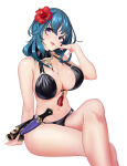 1girl 1girl 1girl alternate_costume bare_legs big_breasts bikini black_bikini black_swimsuit blue_eyes byleth_(fire_emblem) byleth_(fire_emblem)_(female) cleavage fire_emblem fire_emblem:_three_houses fire_emblem_heroes flower hair_flower intelligent_systems knife looking_at_viewer medium_hair red_flower simple_background smile swimsuit teal_hair tuta1910 tutanigi1901 white_background