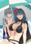 1boy 1girl 1girl alternate_costume ashe_ubert big_breasts bikini black_bikini black_swimsuit blue_eyes byleth_(fire_emblem) byleth_(fire_emblem)_(female) cape female_protagonist fire_emblem fire_emblem:_three_houses fire_emblem_heroes flower hair_flower hibiscus intelligent_systems light-skinned_female light-skinned_male light_skin looking_at_viewer male medium_hair nintendo official_alternate_costume open_mouth osi3258 red_flower sideboob smile swimsuit teal_hair ushiomi