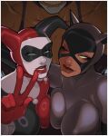 1girl 2_girls 2d bane batman:_the_animated_series batman_(series) big_breasts blue_eyes breast_to_breast breasts_touching catwoman catwoman_(dcau) clothed clothed_female color dc_comics dcau eyeless_male female_focus full_color green_eyes harley_quinn harley_quinn_(classic) jsq012 non-nude peace_sign supervillainess v_sign veins villain villainess wink winking_at_viewer