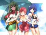 3_girls alluring bikini blue_eyes blue_hair blue_sky catria_(fire_emblem) closed_eyes closed_mouth cloud est_(fire_emblem) fire_emblem fire_emblem:_mystery_of_the_emblem green_eyes green_hair holding holding_umbrella intelligent_systems jewelry lazulia long_hair multiple_girls necklace nintendo open_mouth palla_(fire_emblem) pink_hair short_hair siblings silf silfs sisters sky smile swimsuit umbrella