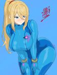 1girl 1girl arched_back ass bent_over big_breasts big_breasts big_breasts blonde_hair blue_background blue_bodysuit blue_eyes blush blush blush_lines blush_stickers bodysuit bracelet bracelets breasts commentary cowboy_shot curvaceous curvy drawlab33t english_commentary hair_between_eyes hair_ornament hair_up hand_on_own_thigh hands_on_own_thighs hands_on_thighs high_ponytail high_res leaning_forward light-skinned_female light_blush light_skin long_hair looking_back metroid nintendo ponytail samus_aran signature simple_background skin_tight thick_thighs thighs thin_waist tight_clothes voluptuous voluptuous_female wide_hips zero_suit zero_suit_samus