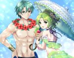 1boy 1girl :d big_breasts bikini blue_swim_trunks commentary_request ephraim_(fire_emblem) ephraim_(summer)_(fire_emblem) fire_emblem fire_emblem:_the_sacred_stones fire_emblem_heroes flower flower_wreath frilled_bikini frills green_eyes green_hair hair_flower hair_ornament high_res intelligent_systems kakiko210 l'arachel_(fire_emblem) l'arachel_(summer)_(fire_emblem) looking_at_viewer nintendo open_mouth parasol sarong smile swimsuit topless_male umbrella white_bikini