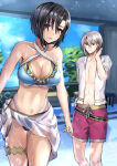 1boy 1girl abs absurd_res alternate_costume big_breasts bikini black_hair blue_bikini brother_and_sister cleavage fire_emblem fire_emblem_engage high_res intelligent_systems nel_(fire_emblem) nintendo rafal_(fire_emblem) red_eyes sarong shirt short_hair siblings silf swimsuit thigh_strap togo2828 wet wet_clothes wet_hair white_hair white_shirt