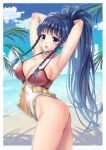 1girl 1girl alluring arms_up beach blue_eyes blue_hair blue_sky braid cleavage cloud day fire_emblem fire_emblem:_the_sacred_stones fire_emblem_heroes from_side high_res intelligent_systems long_hair looking_to_the_side nintendo one-piece_bikini open_mouth outside ponytail sky swimsuit tana_(fire_emblem) tana_(noble_and_nimble)_(fire_emblem) water yui_(msy1302mana)
