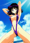 1girl adult_swim alluring beach bikini bishoujo_senshi_sailor_moon bishoujo_senshi_sailor_moon_s bishoujo_senshi_sailor_moon_supers black_hair hotaru_tomoe in_water medium_breasts ocean posing purple_bikini purple_eyes purple_sling_bikini sling_bikini toei_animation toonami viz_media wolf_(artist)