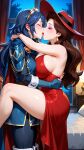 2_girls ai_generated bare_shoulders bedroom blue_hair brown_hair closed_eyes crossover embrace female_focus female_only fire_emblem fire_emblem_awakening french_kiss hat huge_breasts kissing long_hair lucina lucina_(fire_emblem) makeup multiple_girls pauline pauline_(super_mario_odyssey) red_dress romantic super_mario_odyssey thick_thighs thighs yuri
