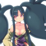  1girl annoyed bare_shoulders black_hair blush breasts bust cleavage collarbone extra_mouth eyelashes frown japanese_clothes kimono living_hair long_hair looking_away mawile mega_mawile mega_pokemon naso4 nintendo off_shoulder open_clothes open_kimono payot personification pokemon pokemon_(game) pokemon_rse pokemon_xy purple_eyes red_eyes sidelocks simple_background solo teeth upper_body white_background 