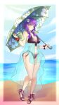 1girl absurd_res alluring beach bikini black_bikini book commentary english_commentary fire_emblem fire_emblem:_the_sacred_stones fire_emblem_heroes flower frilled_bikini frills hair_flower hair_ornament high_res holding holding_book holding_umbrella intelligent_systems kyhsoren looking_at_viewer lute_(fire_emblem) lute_(summer)_(fire_emblem) nintendo ocean purple_eyes purple_hair sand sandals sky swimsuit umbrella