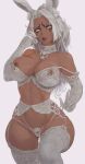 1girl big_breasts bubble_butt cleavage dark-skinned_female horny inviting_to_sex kuromoro looking_at_viewer pose standing stockings teasing thick_thighs undressing white_eyes white_hair