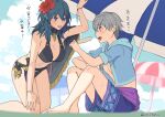 1boy 1girl alternate_costume ashe_ubert ashe_ubert_(summer) beach big_breasts bikini black_bikini blue_eyes byleth_(fire_emblem) byleth_(fire_emblem)_(female) byleth_(summer)_(fire_emblem)_(female) fire_emblem fire_emblem:_three_houses flower food green_eyes grey_hair hair_flower hair_ornament hand_on_own_thigh high_res holding holding_food ice_cream intelligent_systems nintendo official_alternate_costume sweatdrop swimsuit teal_hair ushiomi