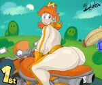 1boy 1girl 1girls ass big_breasts bimbo blue_eyes bodysuit breasts brown_hair clothing crown dark_skin detnox earrings female_focus handwear huge_ass huge_cock human imminent_penetration imminent_sex large_ass looking_at_penis looking_back male mario_(series) motorcycle nintendo orange_hair outside penis princess princess_daisy princess_daisy_(aero) spiny_shell super_mario_bros. thick_thighs