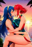 2girls accurate_art_style alluring bare_shoulders beach big_breasts bikini blue_hair blush breast_press closed_eyes crossover earrings embrace female female_focus female_only fire_emblem fire_emblem_awakening fire_emblem_cipher fire_emblem_warriors highres intelligent_systems kissing long_hair lucina_(cipher_swimsuit)_(fire_emblem) lucina_(fire_emblem) midriff monolith_soft multiple_females multiple_girls nightcore_(artist) nintendo ocean one-piece_bikini pyra_(pro_swimmer)_(xenoblade) pyra_(xenoblade) red_hair romantic sea short_hair sitting sitting_on_lap small_breasts squeezing sun sunset swimsuit symmetrical_docking thighs tiara waist_grab xenoblade_(series) xenoblade_chronicles_2 yuri