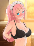 1girl 1girl 1girl adjusting_clothes alluring arms_behind_back bare_shoulders black_bra blackmore23 blue_eyes blush bra cleavage dress_up dressing embarrassed felicia_(fire_emblem) female_only fire_emblem fire_emblem_fates fringe hairband intelligent_systems long_hair looking_at_viewer maid medium_breasts nintendo pink_cheeks pink_hair ponytail underwear undressing upper_body