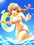 1girl 1girl ;d akino_(gokosei) alluring alternate_costume big_breasts bikini blue_sky blush bow braid brown_eyes brown_hair collarbone covered_erect_nipples faye_(fire_emblem) fire_emblem fire_emblem_echoes:_shadows_of_valentia floating_hair flower hair_between_eyes hair_bow hair_flower hair_ornament high_res innertube intelligent_systems long_hair looking_at_viewer multi-strapped_bikini navel nintendo one_eye_closed open_mouth pink_bikini pink_bow sideboob single_braid sky smile summer swim_ring swimsuit thigh_strap twitter_username watermark white_flower