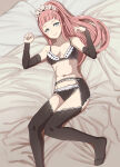 1girl 1girl 1girl alluring aruman bangs bare_shoulders bare_thighs black_panties blue_eyes bra collarbone felicia_(fire_emblem) female_only fire_emblem fire_emblem_fates garter_belt inner_thighs intelligent_systems long_hair looking_at_viewer maid medium_breasts nintendo on_back on_bed panties pink_hair ponytail smile stockings thighs underwear
