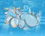 1girl anthro anthrofied areola big_breasts biped blue_body breasts bubble clothed clothing eeveelution feet female fingers generation_1_pokemon glistening glistening_body hair hamili heart_symbol high_res huge_breasts nintendo nipple_outline open_mouth overweight overweight_anthro overweight_female pokemon pokemon_(species) pokemorph pupils solo tail thick_thighs toes underwater vaporeon water white_hair wide_hips