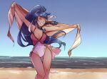 1girl alluring anaruii beach blue_eyes blue_hair blush braid breasts cleavage closed_eyes day female_focus fire_emblem fire_emblem:_the_sacred_stones fire_emblem_heroes high_res intelligent_systems long_hair medium_breasts nintendo one-piece_bikini parted_lips pegasus_knight_uniform_(fire_emblem) ponytail side_braid smile standing swimsuit tana_(fire_emblem) tana_(noble_and_nimble)_(fire_emblem) towel twin_braids water