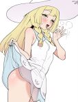 1girl 1girl 1girls ass bare_arms bare_shoulders blonde_hair blush braid breasts bright_pupils clothes_lift cowboy_shot dress dress_lift fellatio_gesture green_eyes half-closed_eyes hat heart high_res hollow_shine legs_together lifting_own_clothes lillie_(pokemon) long_hair looking_at_viewer medium_dress motion_lines nintendo no_panties open_mouth pokemon pokemon_sm ring_light_reflection rong_hui see-through_clothes see-through_dress shiny_skin simple_background small_breasts standing steam straight_hair sun_hat sundress teeth tongue twin_braids upper_teeth_only white_background white_dress white_hat