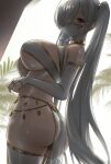 1girl 1girls alternate_costume arabian_clothes ass big_ass breasts bridal_gauntlets choker cinderella_(nikke) covered_nipples dutch_angle ear_piercing female_only from_behind goddess_of_victory:_nikke hair_over_one_eye harem_outfit high_res huge_breasts light-skinned_female long_hair looking_at_viewer mask mouth_veil navel piercing red_eyes stockings tree twin_tails under_boob uzzy2801 veil white_hair