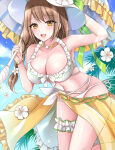 1girl alluring bare_shoulders big_breasts bikini blue_sky blush bracelet braid brown_hair cleavage cloud collarbone fire_emblem fire_emblem_engage fire_emblem_heroes flower gold_sarong goldmary_(fire_emblem) goldmary_(summer)_(fire_emblem) hat hat_flower high_res holding holding_umbrella intelligent_systems jewelry kirishima_riona long_hair looking_at_viewer mole mole_on_breast navel necklace nintendo official_alternate_costume open_mouth outside palm_leaf parasol sarong sky smile stomach sun_hat swimsuit thigh_strap thighs umbrella white_bikini yellow_eyes yellow_sarong