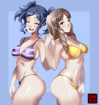 1girl 2_girls alluring alternate_costume artist_logo bikini blank_background blue_hair blush brown_hair cleavage cynthia_(fire_emblem) female_only fire_emblem fire_emblem_awakening gold_bikini hand_holding holding_hands intelligent_systems looking_at_viewer medium_breasts mother_&_daughter multiple_females multiple_girls nintendo osuka purple_bikini purple_swimsuit shiny_skin smile striped_bikini sumia_(fire_emblem) thick_thighs twin_drills twin_tails under_boob yellow_bikini yellow_swimsuit