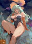 1girl aurizerozero big_breasts blue_eyes blue_hair bubble_butt cleavage darkstalkers horny inviting_to_sex morrigan_aensland pose sitting teasing thick_thighs vampire_(game) vampire_savior