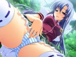 barefoot blue_eyes blue_hair blush breast_grab breasts feet hat masturbation masturbation_through_clothing open_clothes open_shirt panties pantsu_wo_miserukoto short_hair solo spread_legs through_panties twin_tails underwear wheel_(company) wince yuuki_hagure