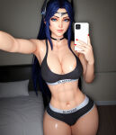 1girl 1girl 1girls 3d ai_generated areola_slip bed bedroom big_breasts blacked blacked_clothing blue_eyes blue_hair breasts choker cleavage female_only fit fit_female heart_choker irelia_xan league_of_legends light-skinned_female light_skin looking_at_viewer navel panties pillow rawaifu red_nails riot_games self_upload selfpic shiny_skin solo_female sports_bra standing stomach underwear