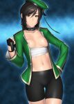 absurd_res belly bike_shorts black_eyes black_hair breasts cameltoe collar collarbone fingerless_gloves gloves hair hand_on_hip hat headgear highres hips kansuke navel nipples open_clothes open_jacket peaked_cap sarashi shin_sangoku_musou short_hair solo standing xing_cai