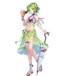1girl 1girl alluring alternate_costume bare_shoulders bikini cleavage cup disposable_cup disposable_ice_cream_cup drinking_glass drinking_straw feet female_focus fire_emblem fire_emblem:_the_sacred_stones fire_emblem_heroes flower full_body fuzichoco green_eyes green_hair hair_ornament high_res holding holding_cup holding_umbrella intelligent_systems l'arachel_(fire_emblem) l'arachel_(summer)_(fire_emblem) legs long_hair looking_at_viewer matching_hair/eyes medium_breasts midriff navel nintendo non-web_source official_alternate_costume official_art sandals sarong smile standing stomach swimsuit toes transparent_background umbrella umbrella_flower