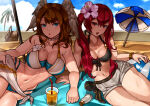 1girl 2_girls alluring alternate_costume beach beach_ball beach_towel beach_umbrella beachball bikini black_bikini black_swimsuit blue_bikini blue_eyes blue_swimsuit breast_tattoo brown_hair cleavage commission crossover eunie_(xenoblade) female_only fire_emblem fire_emblem_awakening flower_in_hair high_entia intelligent_systems legs looking_at_viewer medium_breasts monolith_soft navel nintendo oniisan02b open_mouth outside red_eyes red_hair sand severa_(fire_emblem) shorts sweat sweatdrop sweating swimsuit tattoo twin_tails wings_on_head xenoblade_(series) xenoblade_chronicles_3 yotsuhauni yuri