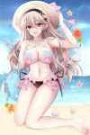 1girl :d alluring arm_up ball bare_arms bare_legs bare_shoulders barefoot beach beachball big_breasts bikini bikini_bottom_only black_bikini black_hairband blue_sky brown_hair brown_hat carrying carrying_under_arm cleavage cloud collarbone commentary_request corrin_(fire_emblem) corrin_(fire_emblem)_(female) corrin_(summer)_(fire_emblem)_(female) day fire_emblem fire_emblem_cipher fire_emblem_fates fire_emblem_warriors flower groin hair_between_eyes hairband hand_on_headwear hat high_res horizon intelligent_systems kirishima_riona knees_together_feet_apart looking_at_viewer navel nintendo ocean official_alternate_costume open_mouth outside pink_flower red_eyes red_flower seashell shell shell_bikini sky smile star_(symbol) stomach sun_hat swimsuit transparent water water_drop yellow_flower