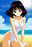 1girl adult_swim alluring beach bikini bishoujo_senshi_sailor_moon bishoujo_senshi_sailor_moon_s bishoujo_senshi_sailor_moon_supers black_hair blue_eyes hotaru_tomoe medium_breasts ocean one-piece_bikini posing purple_eyes toei_animation toonami viz_media white_one-piece_bikini wolf_(artist)
