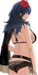 1girl alluring ass bikini black_bikini byleth_(fire_emblem) byleth_(fire_emblem)_(female) byleth_(summer)_(fire_emblem)_(female) capelet closed_mouth cowboy_shot fire_emblem fire_emblem:_three_houses fire_emblem_heroes flower hair_flower hair_ornament hibiscus high_res intelligent_systems long_hair looking_at_viewer looking_back medium_breasts nintendo official_alternate_costume purple_eyes red_flower sideboob simple_background strap_gap swimsuit teal_hair ushiomi white_background