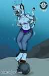 1girl asphyxiation ball bikini bondage chains drowning feline female jeans original patreon_request peril pulled solo tape thearashi underwater underwater_peril
