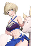 1girl abs ahoge alluring athletic_female big_breasts blonde_hair blue_eyes blush cleavage female_abs fire_emblem fire_emblem_engage fit_female gonzarez hand_on_own_hip high_res intelligent_systems medium_breasts merrin_(fire_emblem) navel nintendo petting simple_background smile white_background wolf
